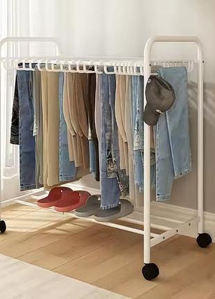 Вішалка для одягу штанів і спідниць на 22 пари підлогова, на колесах пересувна з полицею для взуття біла