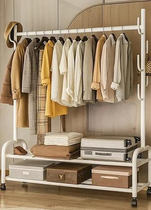 Вішалка для одягу на дві полиці для взуття, гачками для аксесуарів і поперечиною для тремпелів колір білий уцінка