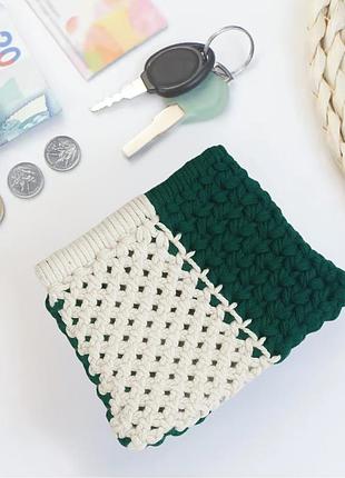 Набор макраме для рукоделия, для творчества и вязания своими руками кошелька  15.7х10см цвет зелёный с белым