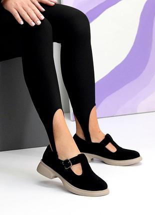 Классические туфли мери, круглый носок, черная замша, бежевая подошва. дышащая кожаная подкладка, деми, новые