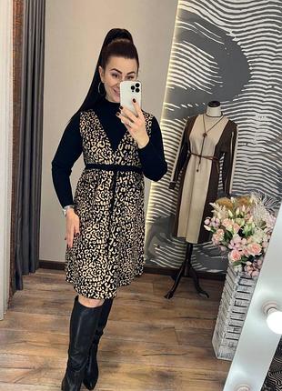Платье 0642-4, р.уни 42-44, трикотаж, черный/ беж лео