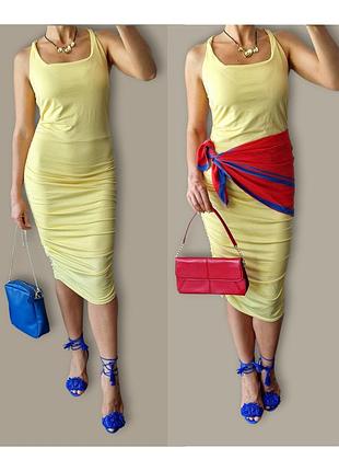 Желтое платье миди платье сжатое платье слим облегающее женское платье лимонная футляр с драпировкой