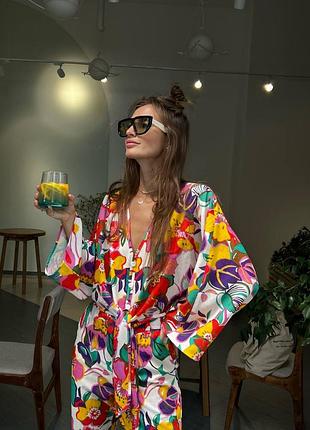 Льняной костюм топ блуза и бобки в принт лен