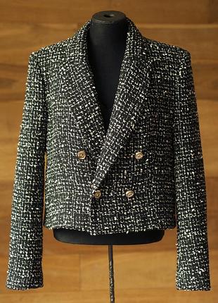 Чорно білий твідовий укорочений жакет зара, розмін l