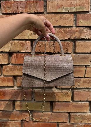 Сумочка-клатч золотого цвета с люрексом и дополнительной металлической цепочкой (живые фото)