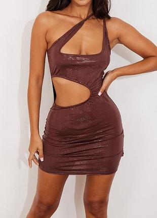 Шоколадна міні сукня зі стразами-наліпками prettylittlething.