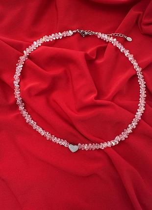 Рожеве прозоре кришталеве намисто з сердечком
