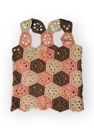 Майка вязаная ажурная женская бежево коричневая, размер s