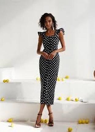 Стильное платье миди джинсовое черное в белых горох размер s