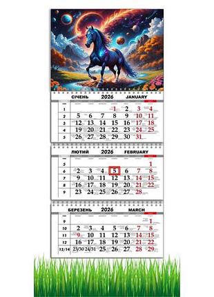 Календарь настенный квартальный на 2026 год на три пружины, apriori, год  лошади, лошадь, символ года лошадь, horses , 29,7х61см