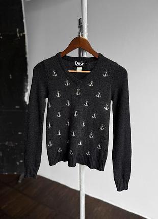 D&g dolce & gabbana womens premium ls wool anchor sweater v-neck жіночий, темно-сірий, вовняний светр з якорями та v-подібним вирізом