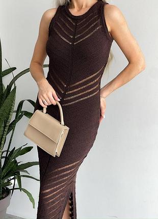 Жіноча літня трикотажна ажурна довга сукня сарафан максі коричнева шоколадна