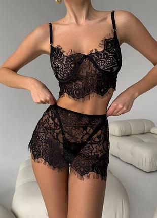 Комплект белья эротичный женский черный s-m 💋 Кружево + юбочка = опасное комбо