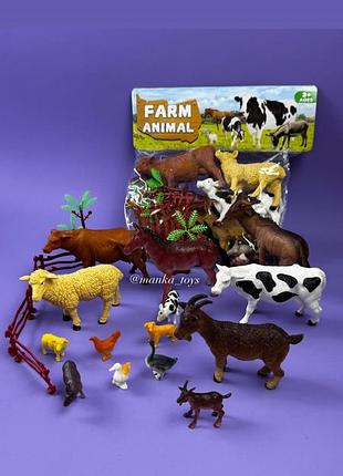 Набір свійських тварин  "ферма" 14 свійських тварин, огорожа, дерева