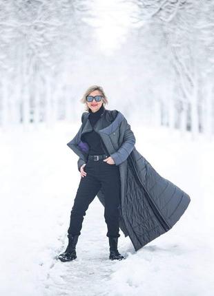 Musi. дизайнерське пальто стьобана тепле зимове довге сіре атласне. розмір 363 фото
