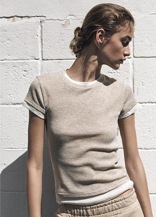 Zara zara slim fit футболка з подвійної тканини з контрастною окантовкою по краях. sand/marl | 5644/318/803