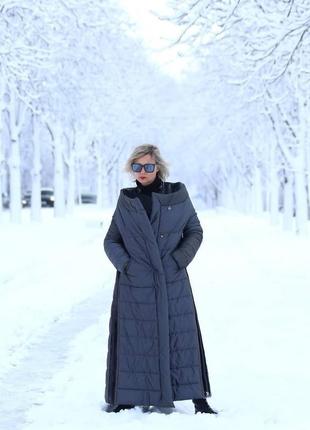 Musi. дизайнерське пальто стьобана тепле зимове довге сіре атласне. розмір 362 фото