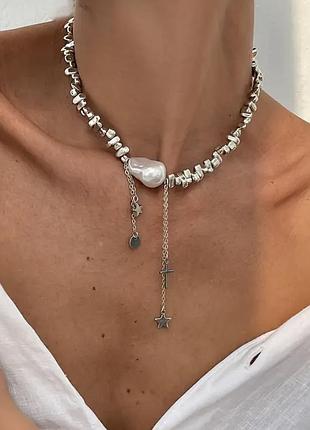 Тренд стильное серебристое колье ожерелье жемчуга винтажный стиль