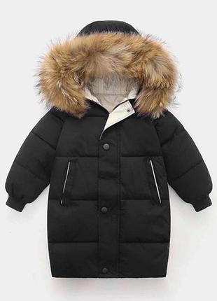 Детская куртка пальто с мехом черная удлиненная