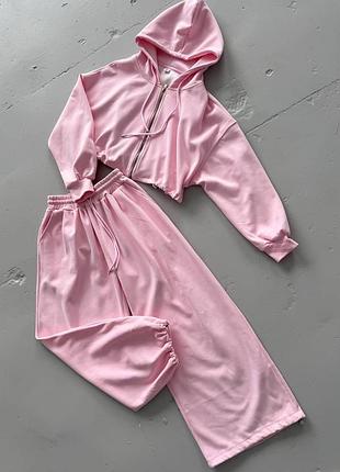 Женский костюм спортивный прогулочный худи кофта с капюшоном на замке зепка укороченная на затяжках и штаны палаццо джоггеры джоггеры свободного кроя