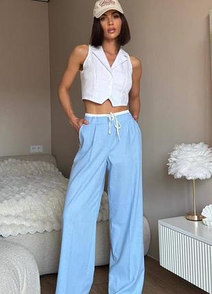 Женский льняной костюм жилетка и брюки палаццо летний базовый классический стильный комплект двойка белый голубой