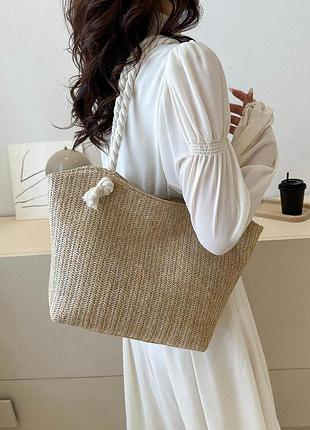 Солом’яна пляжна сумка жіноча з плетеною текстурою та канатними ручками темно-бежевий колір