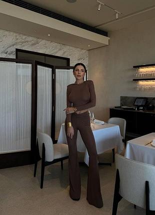 Костюм брючный брюки клеш лонгслив короткий микродайвинг затяжки обтягивающий элегантный