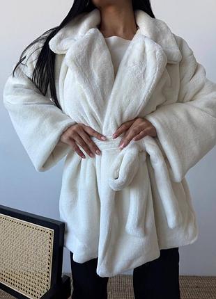 Жіноча шубка з гладкого приємного штучного хутра з поясом, шуба з екохутра не линяє