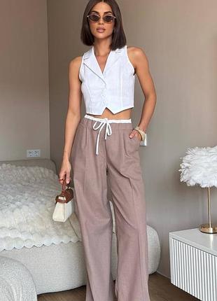 Костюм женский из льна жилетка и штаны палаццо летний базовый классический стильный двойка белый мокко