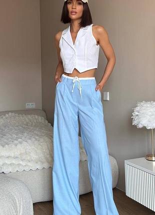 Костюм женский из льна жилетка и штаны палаццо летний базовый классический стильный двойка белый голубой
