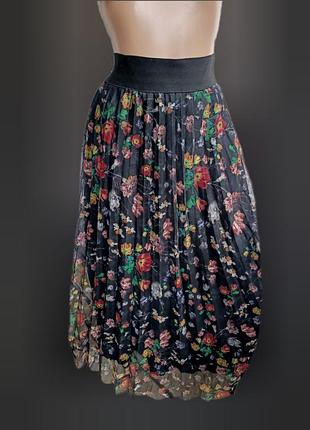 Длинная юбка плиссе на широкой резинке в цветочный принт