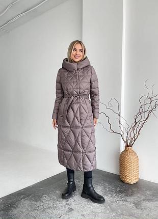 Довгий жіночий пуховик мокко зимове пальто 42-56