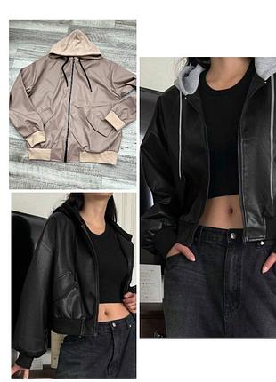 Бомбер жіночий 46-60р з капюшоном єкошкіра на байці у трендових кольорах