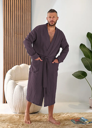 Мужской халат хлопковый, муслиновый длинный домашний