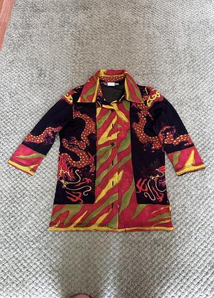 Прозора чорна обтисла блуза з принтом дракон в китайському стилі