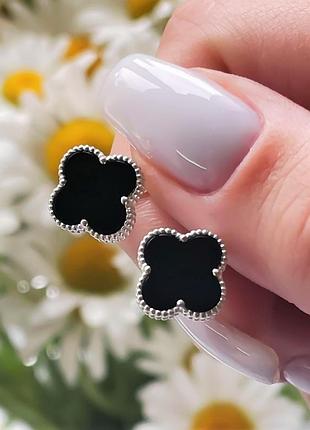 Серьги серебряные клевер , английская застёжка, серебро 925 + оникс