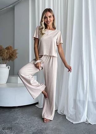 Домашній костюм-трійка з резинкою для волосся бежевий