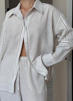 Лляний костюм трійка з мереживом 3в1 штани сорочка шорти