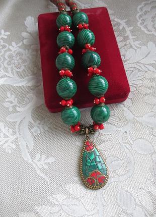 Колье из малахита 20 мм с подвеской