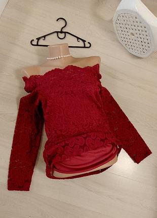 Блуза кружевная на плече длинный рукав однотонная приталенная, стретч женская