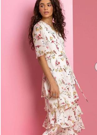 Шикарна шифонова сукня міді з квітковим принтом і оборками розмір