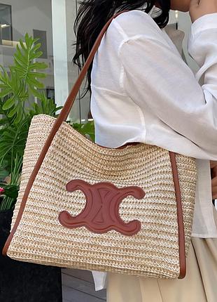 Солом'яна сумка-шопер з логотипом — пляжна, брендова, бежева, містка