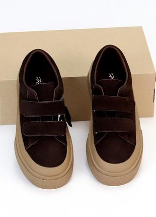 Женские кеды на утолщенной подошве натуральная замша горький шоколад