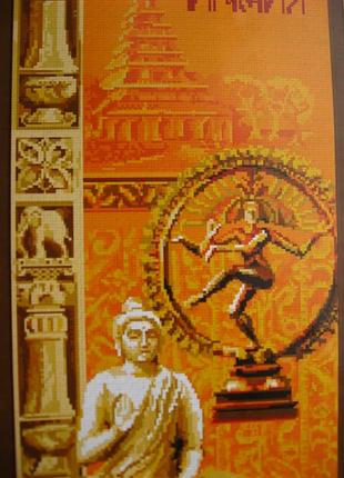 Схема вышивки крестиком цветная а2 индия будда, шива, пагода, оранжевые цвета