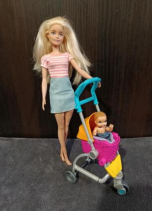 Набор кукла барби с ребенком(мини пупс) и коляска, mattel