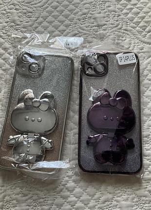 Чохли на iphone 14 plus з підставкою зайчиком та дзеркалом, повний захист корпусу та камер
