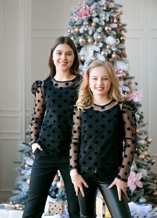 Блузка сетка в горох черная на девочку-подростка рост 134-176