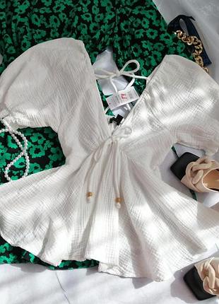 Топ блуза футболка натуральный хлопок муслин на утяжках с баской