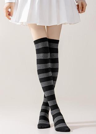 Гольфи сіро-чорні 35-40 довгі шкарпетки смугасті 4159 трикотажні заколінки чорні і сірі смуги широкі