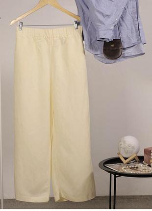 Лляні кюлоти, капрі, широкі штани з кишенями h&m, колір масло